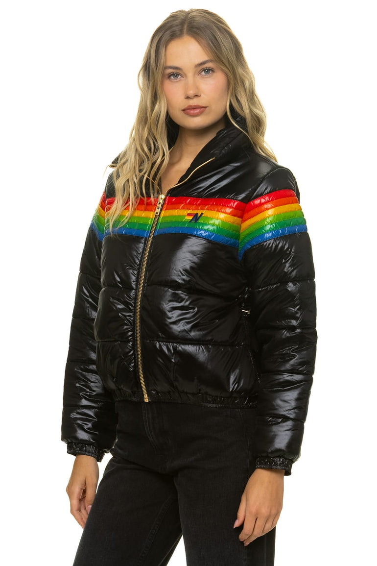 6 STRIPE LUXE APRES PUFFER JACKET - GLOSSY BLACK