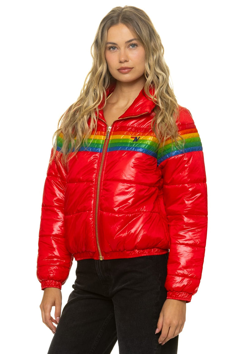 6 STRIPE LUXE APRES PUFFER JACKET - GLOSSY CHERRY
