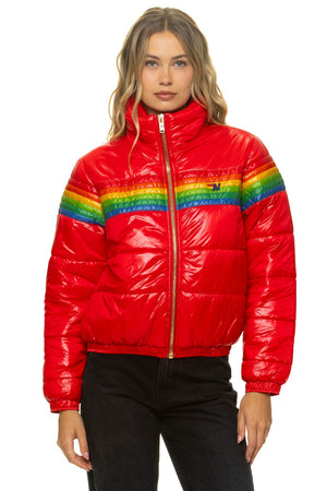6 STRIPE LUXE APRES PUFFER JACKET - GLOSSY CHERRY