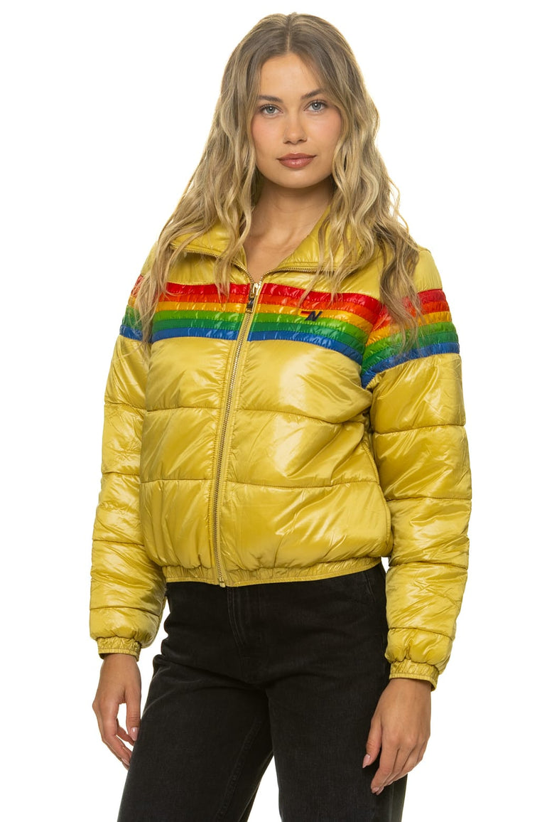 6 STRIPE LUXE APRES PUFFER JACKET - GLOSSY KHAKI