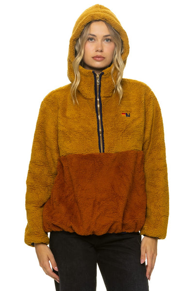 Teddy Apres Hooded Half Zip Color Block Jacket Honey | Aviator Nation