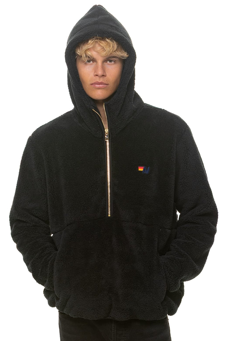 TEDDY UNISEX HOODED HALF ZIP JACKET - BLACK
