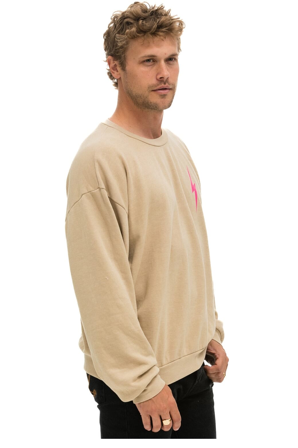 BOLT 2 RELAXED CREW SWEATSHIRT - SAND // NEON PINK Sweatshirt Aviator Nation 