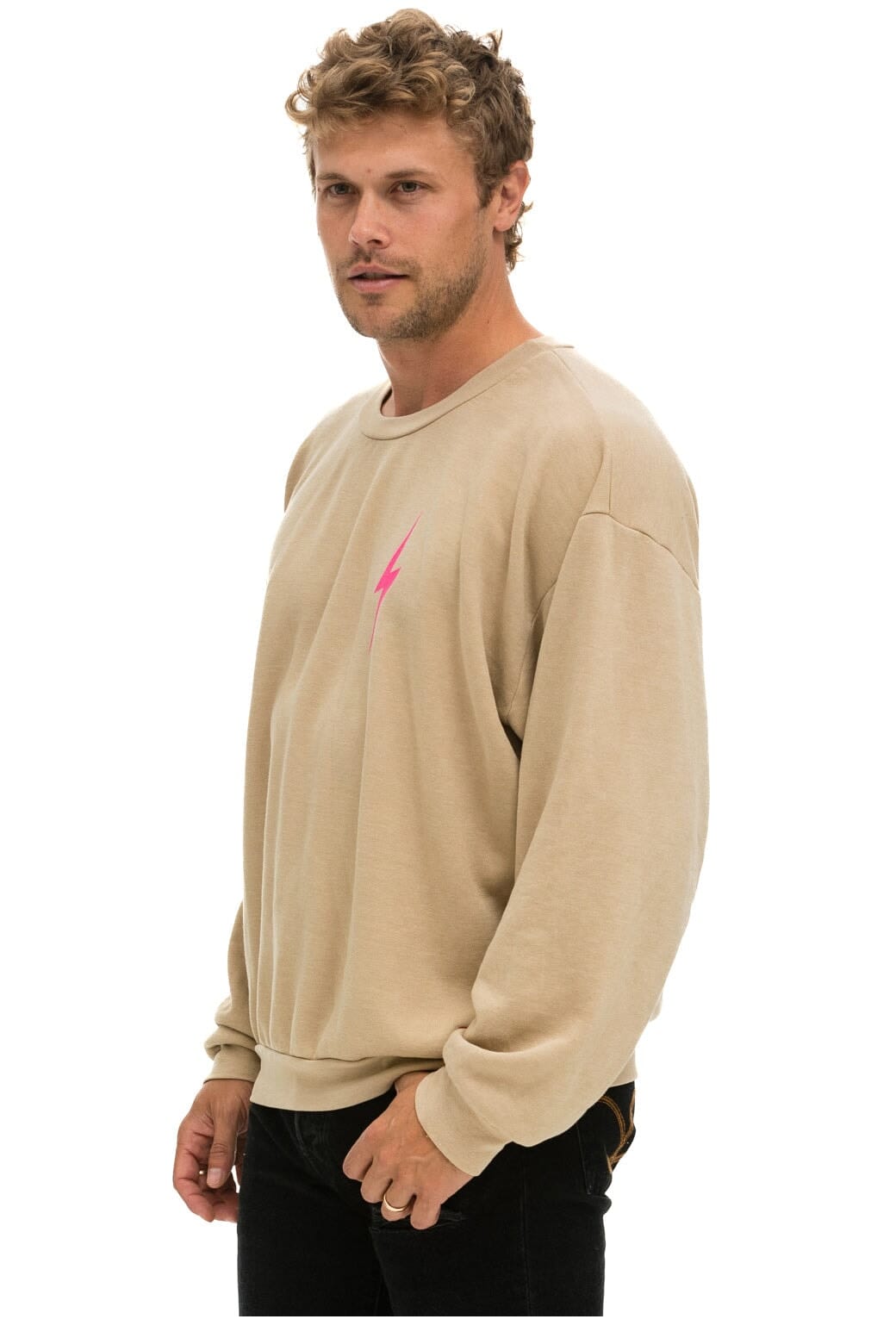 BOLT 2 RELAXED CREW SWEATSHIRT - SAND // NEON PINK Sweatshirt Aviator Nation 