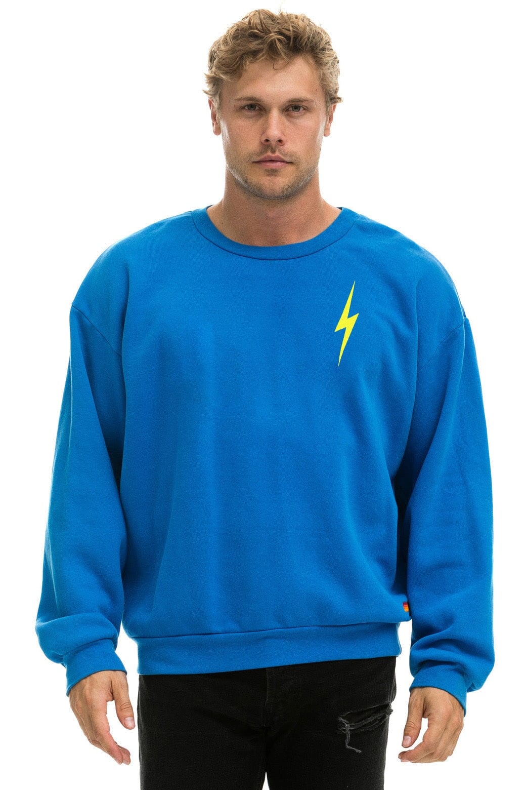 BOLT STITCH RELAXED CREW SWEATSHIRT - OCEAN // NEON YELLOW - Aviator Nation