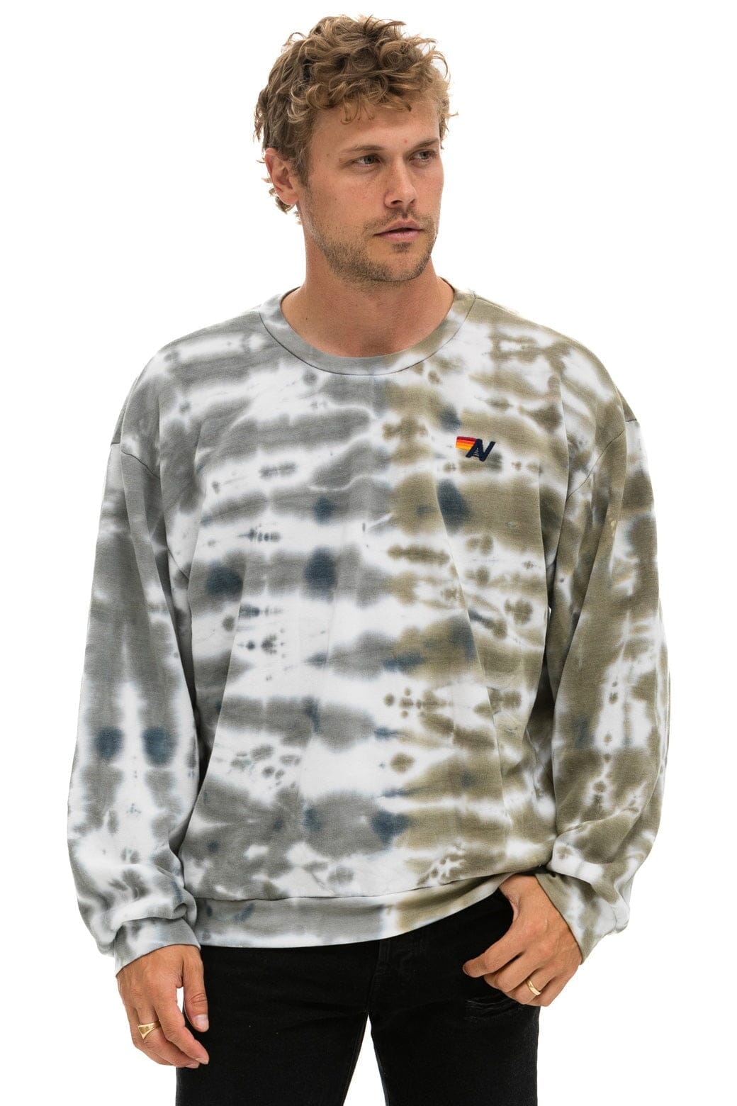 HAND DYED RELAXED CREW SWEATSHIRT - TIE DYE GREY // OLIVE Sweatshirt Aviator Nation 