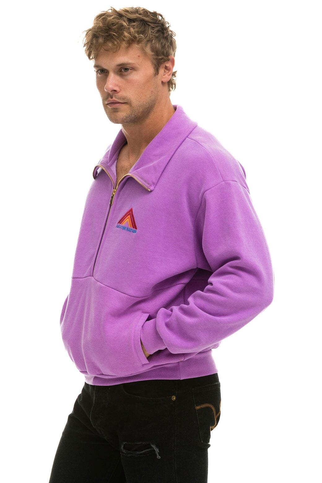 MOUNTAIN EMBROIDERY HALF ZIP SWEATSHIRT NEON PURPLE Aviator Nation