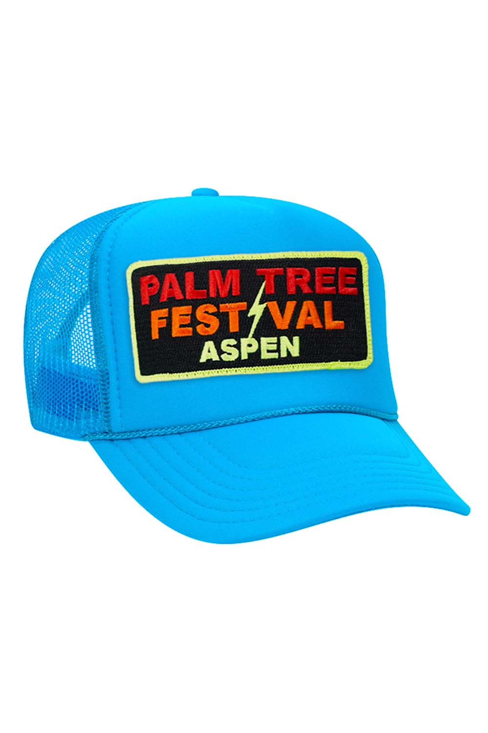 PALM TREE FESTIVAL ASPEN 2024 VINTAGE LOW RISE TRUCKER - NEON BLUE HATS Aviator Nation 