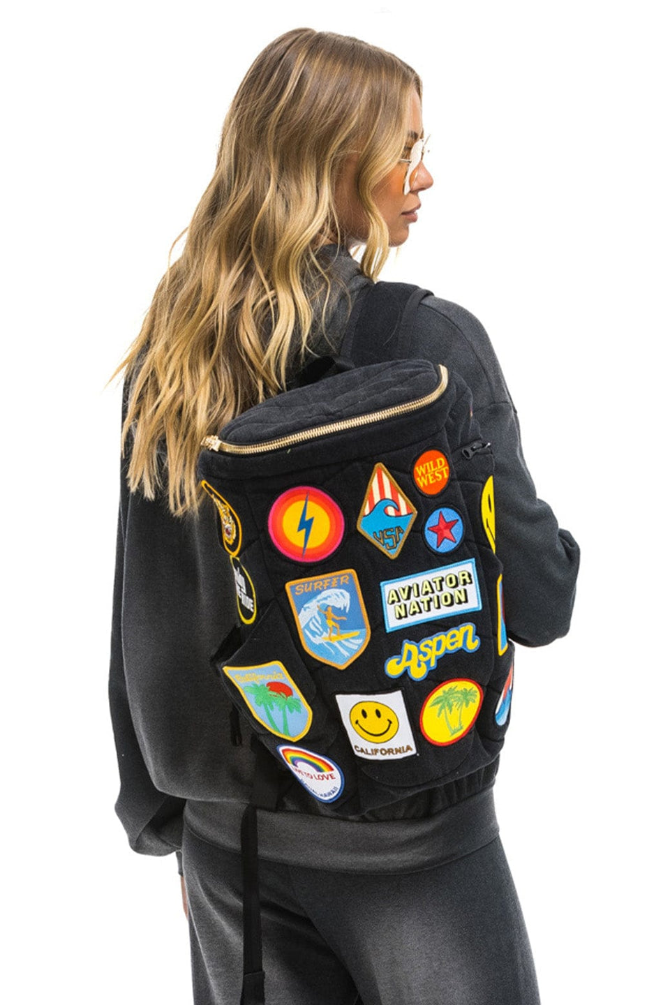 VINTAGE PATCH DENIM PUFFER BACKPACK - VINTAGE BLACK – Aviator Nation