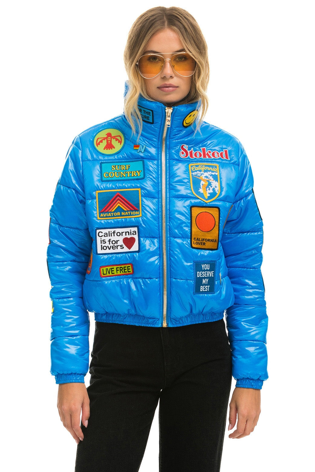 VINTAGE PATCH APRES PUFFER JACKET - BLUE CINA GLOSSY Women&#39;s Outerwear Aviator Nation 