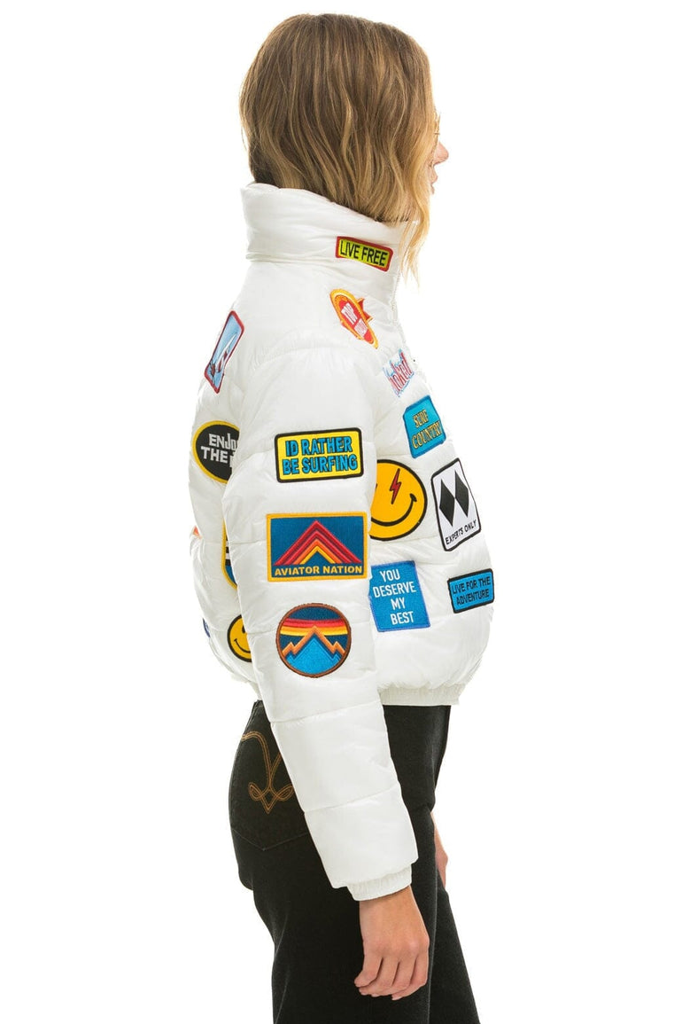 VINTAGE PATCH APRES PUFFER JACKET - WHITE GLOSSY Women's Outerwear Aviator Nation