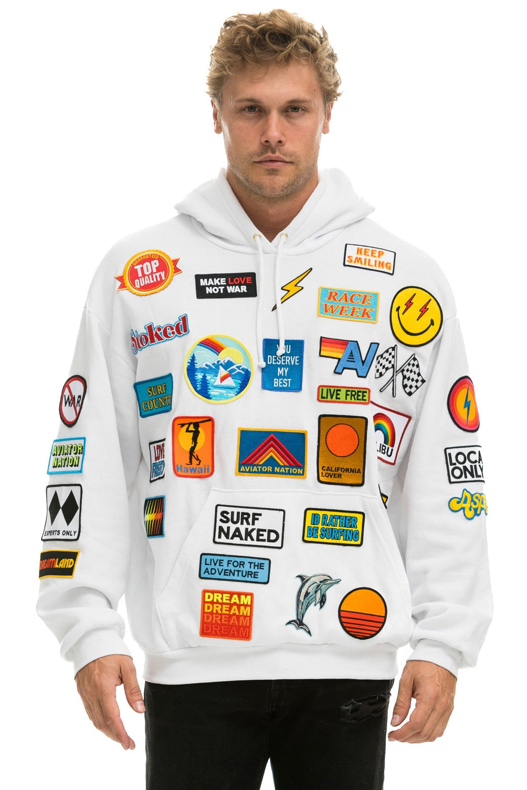 VINTAGE PATCH RELAXED PULLOVER HOODIE- WHITE - Aviator Nation