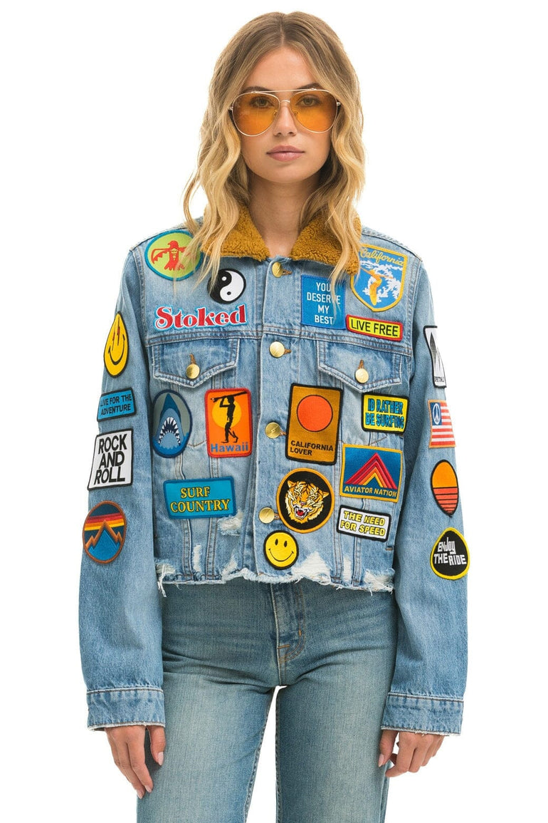 VINTAGE PATCH UNISEX CROP DENIM JACKET - SUPER LIGHT Women's Outerwear Aviator Nation 