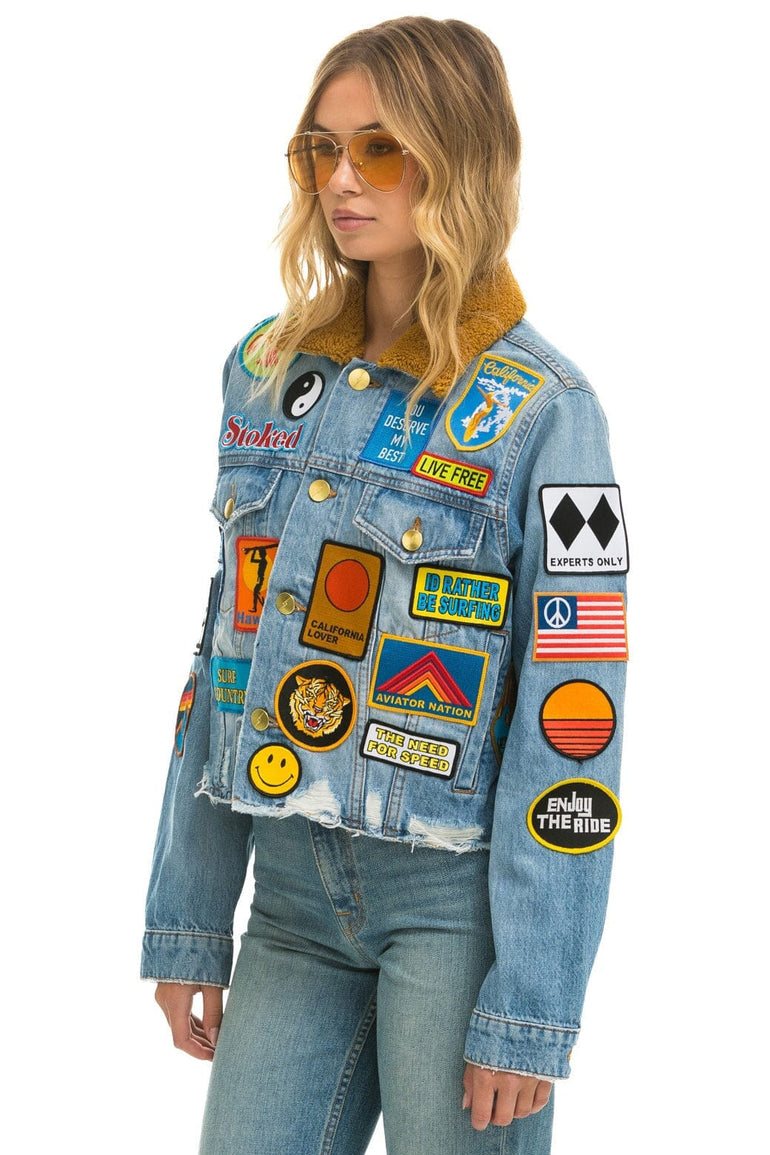 VINTAGE PATCH UNISEX CROP DENIM JACKET - SUPER LIGHT Women's Outerwear Aviator Nation