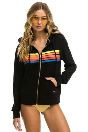 5 STRIPE HOODIE - BLACK // NEON RAINBOW