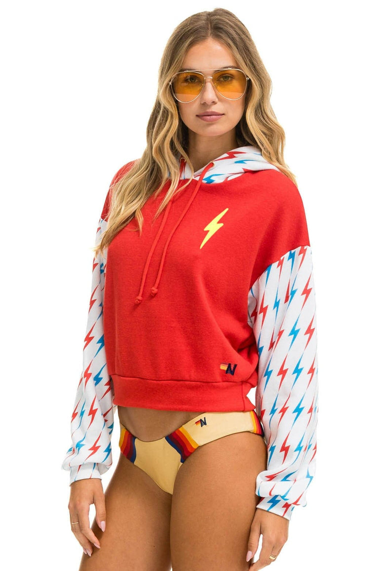 AVIATOR BOLT COLOR BLOCK W/ BOLT EMBROIDERY RELAXED CROPPED PULLOVER HOODIE - RED // USA SALE Aviator Nation