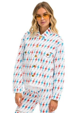 AVIATOR BOLT OVERSIZED CUTOFF DENIM JACKET - WHITE Denim Jacket Aviator Nation 