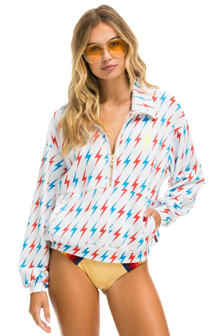 AVIATOR BOLT W/ BOLT EMBROIDERY FLEECE HALF ZIP SWEATSHIRT - WHITE // USA SALE Aviator Nation 