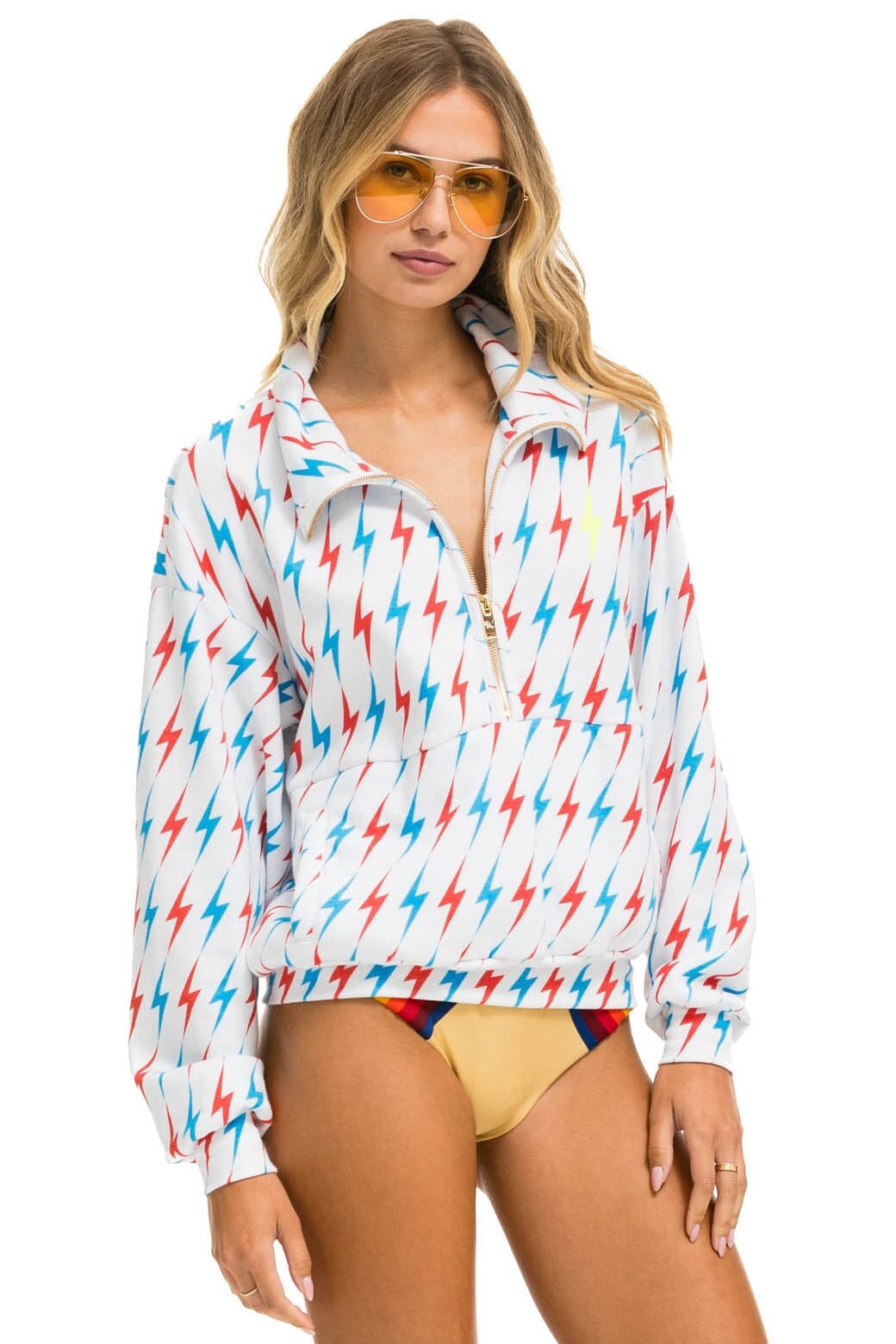 AVIATOR BOLT W/ BOLT EMBROIDERY FLEECE HALF ZIP SWEATSHIRT - WHITE // USA SALE Aviator Nation 