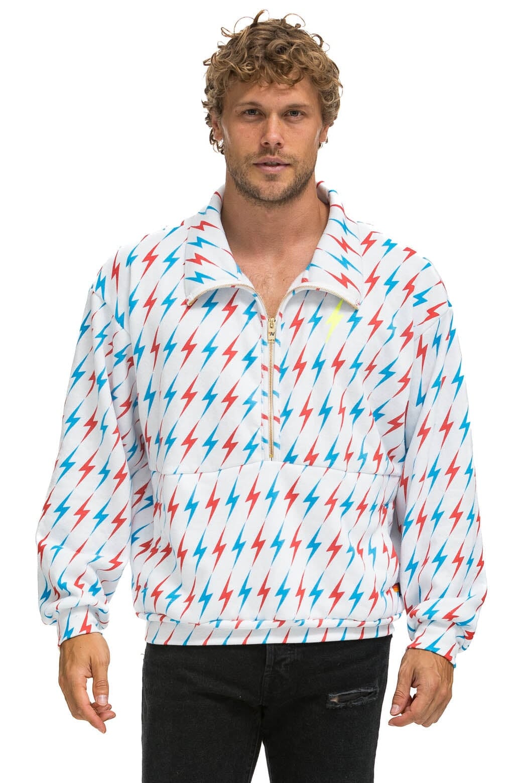 AVIATOR BOLT W/ BOLT EMBROIDERY FLEECE UNISEX HALF ZIP JACKET - WHITE // USA Sweatshirt Aviator Nation 