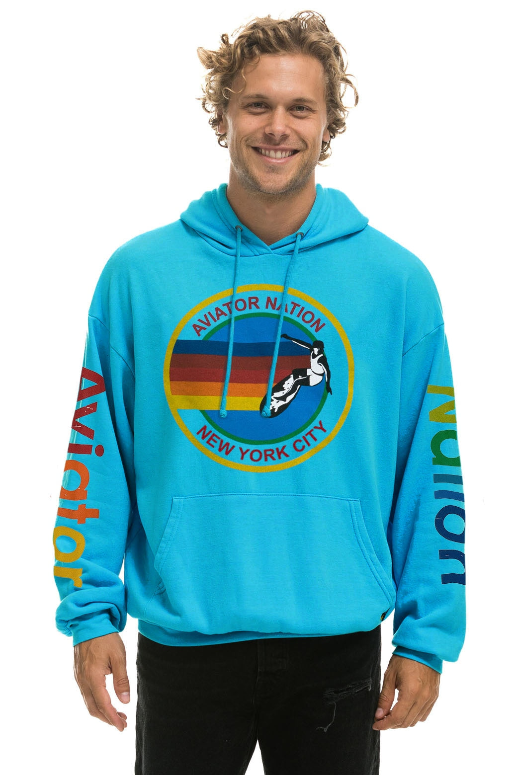 AVIATOR NATION NEW YORK CITY RELAXED PULLOVER HOODIE - NEON BLUE Hoodie Aviator Nation 