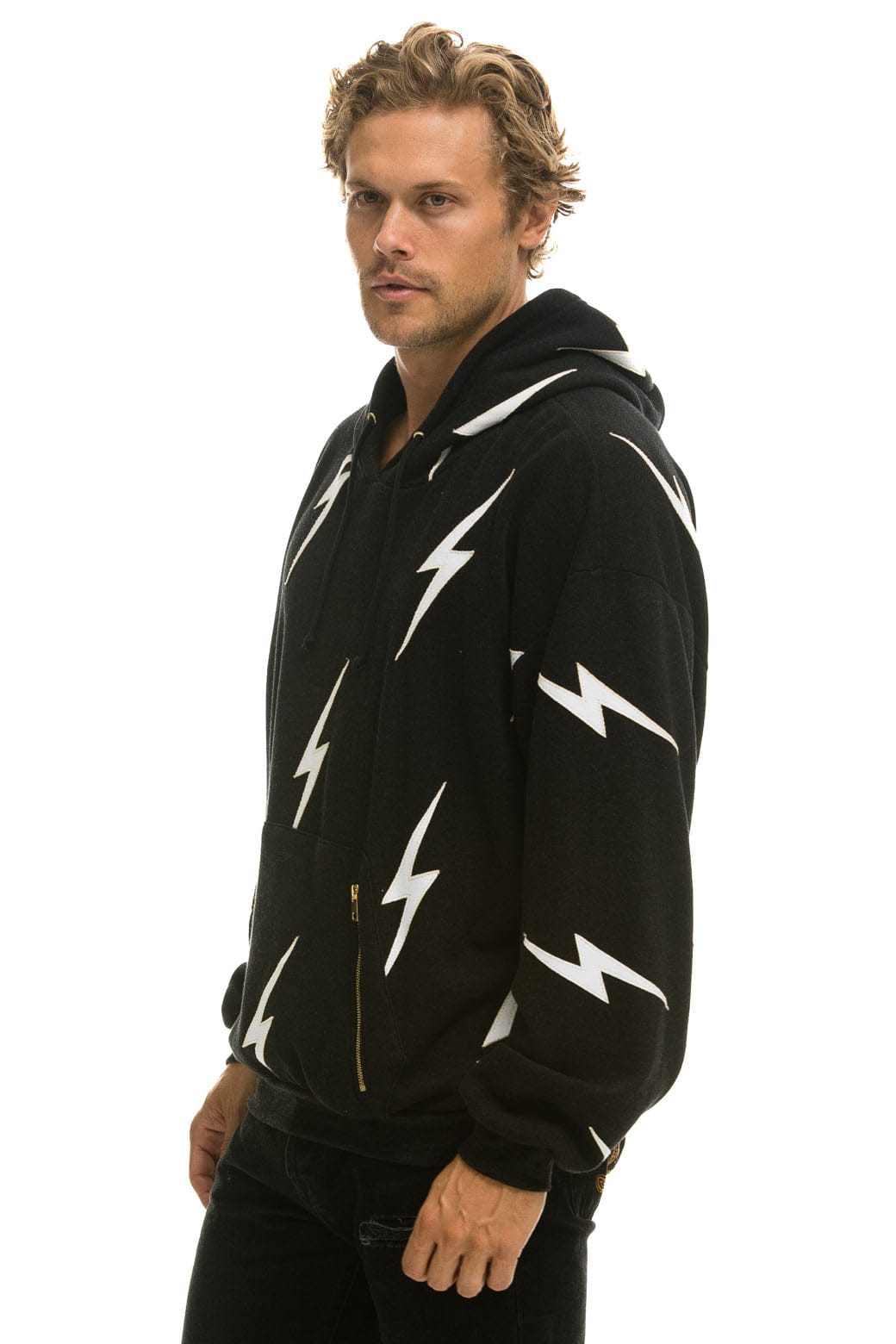 BOLT STITCH REPEAT RELAXED PULLOVER HOODIE WITH POCKET ZIPPERS - BLACK // WHITE Hoodie Aviator Nation 
