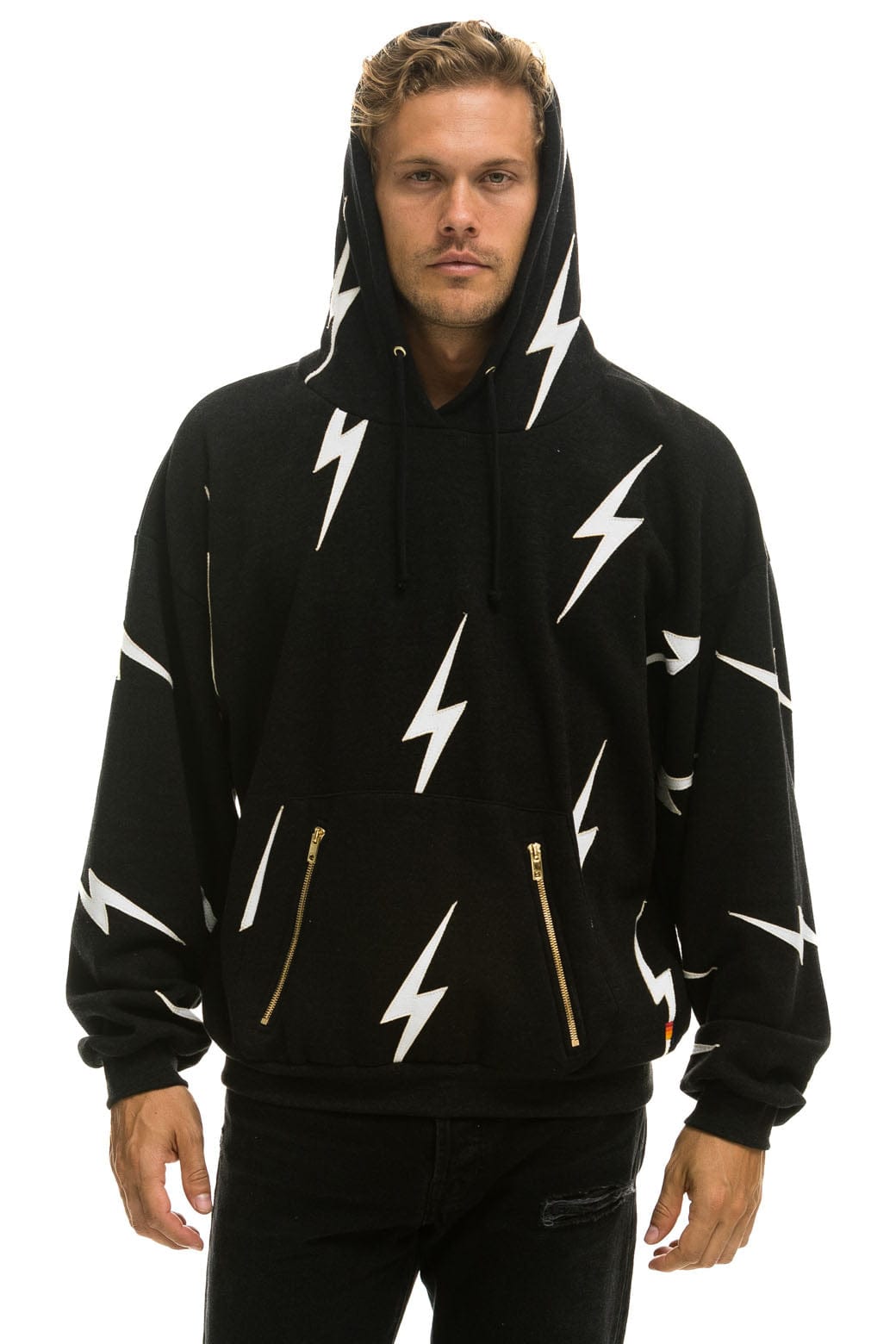 BOLT STITCH REPEAT RELAXED PULLOVER HOODIE WITH POCKET ZIPPERS - BLACK // WHITE Hoodie Aviator Nation 