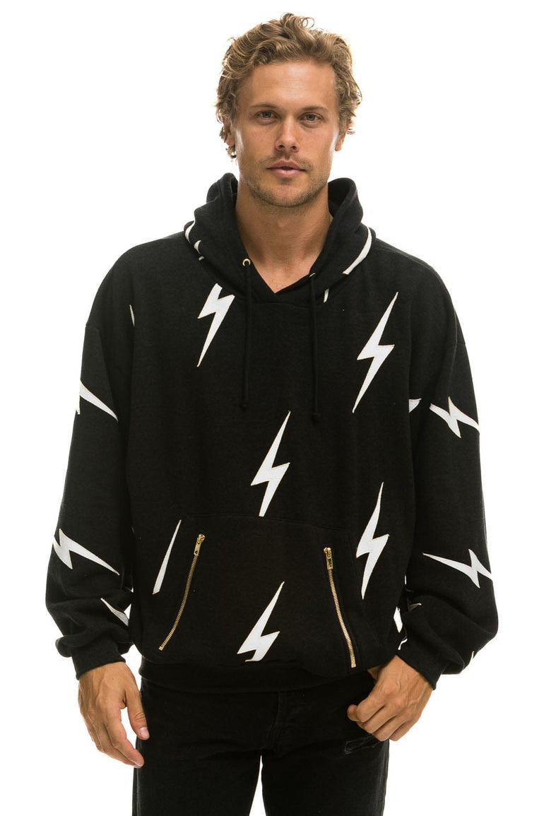 BOLT STITCH REPEAT RELAXED PULLOVER HOODIE WITH POCKET ZIPPERS - BLACK // WHITE Hoodie Aviator Nation