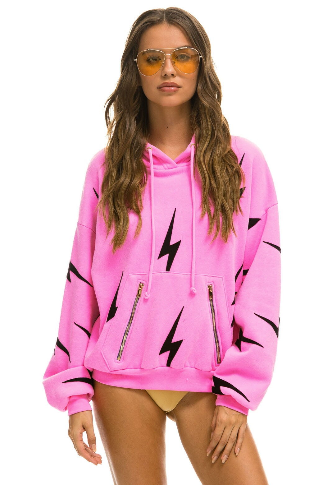 BOLT STITCH REPEAT RELAXED PULLOVER HOODIE WITH POCKET ZIPPERS - NEON PINK // BLACK Hoodie Aviator Nation 
