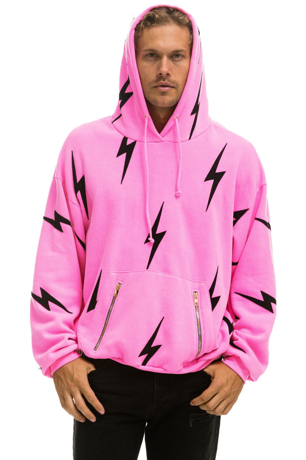 BOLT STITCH REPEAT RELAXED PULLOVER HOODIE WITH POCKET ZIPPERS - NEON PINK // BLACK Hoodie Aviator Nation 