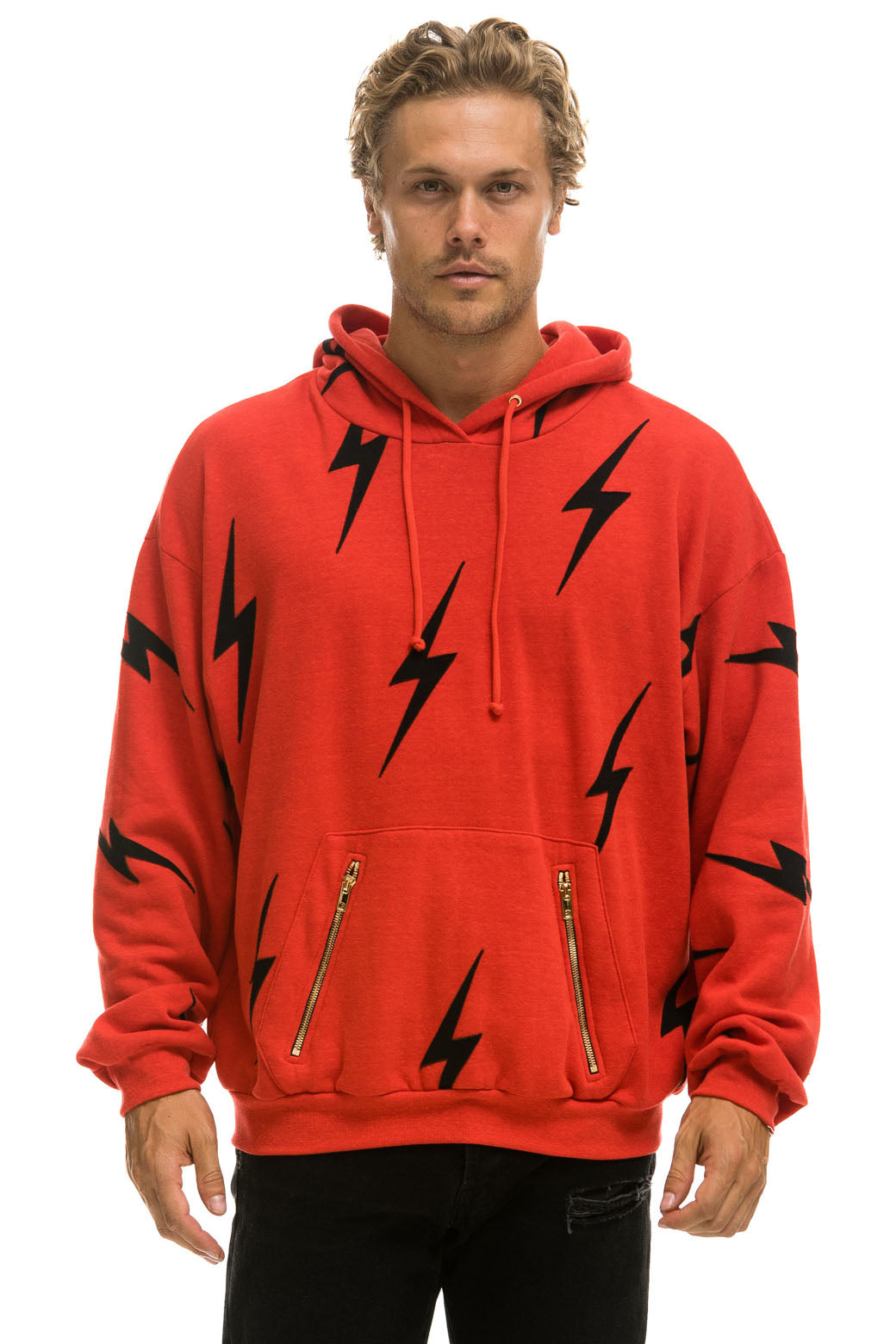BOLT STITCH REPEAT RELAXED PULLOVER HOODIE WITH POCKET ZIPPERS - RED // BLACK Hoodie Aviator Nation 