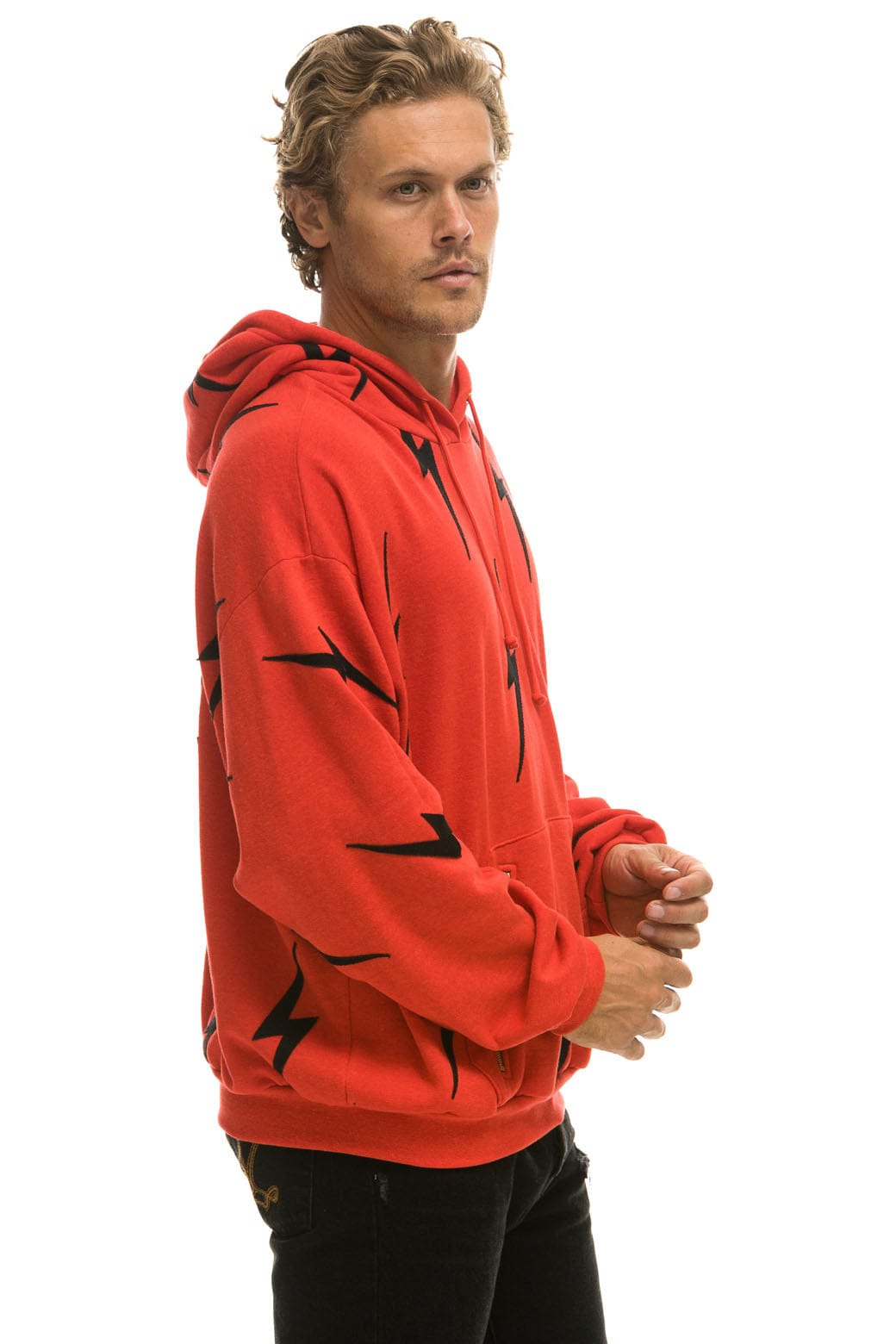 BOLT STITCH REPEAT RELAXED PULLOVER HOODIE WITH POCKET ZIPPERS - RED // BLACK Hoodie Aviator Nation 