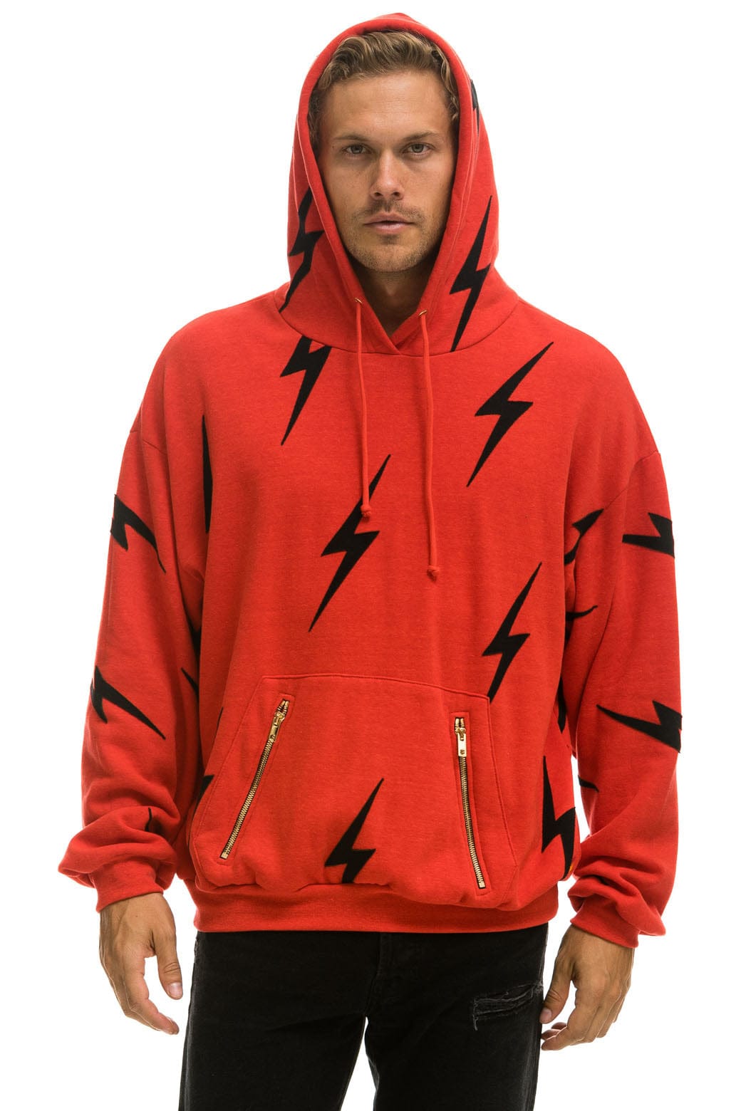BOLT STITCH REPEAT RELAXED PULLOVER HOODIE WITH POCKET ZIPPERS - RED // BLACK Hoodie Aviator Nation 