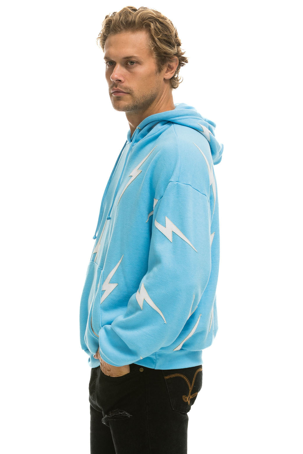 BOLT STITCH REPEAT RELAXED PULLOVER HOODIE WITH POCKET ZIPPERS - SKY // WHITE Hoodie Aviator Nation 