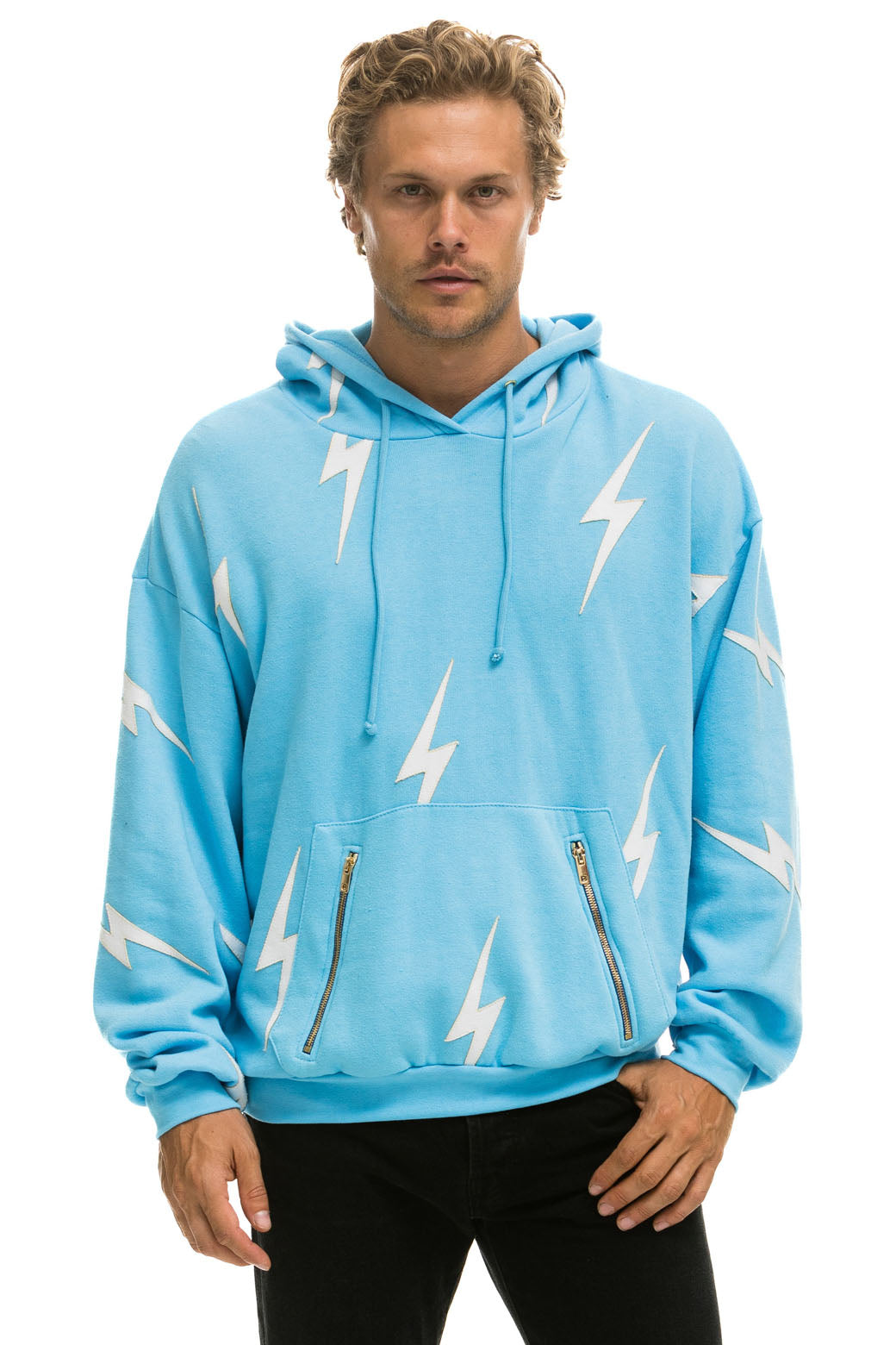 BOLT STITCH REPEAT RELAXED PULLOVER HOODIE WITH POCKET ZIPPERS - SKY // WHITE Hoodie Aviator Nation 