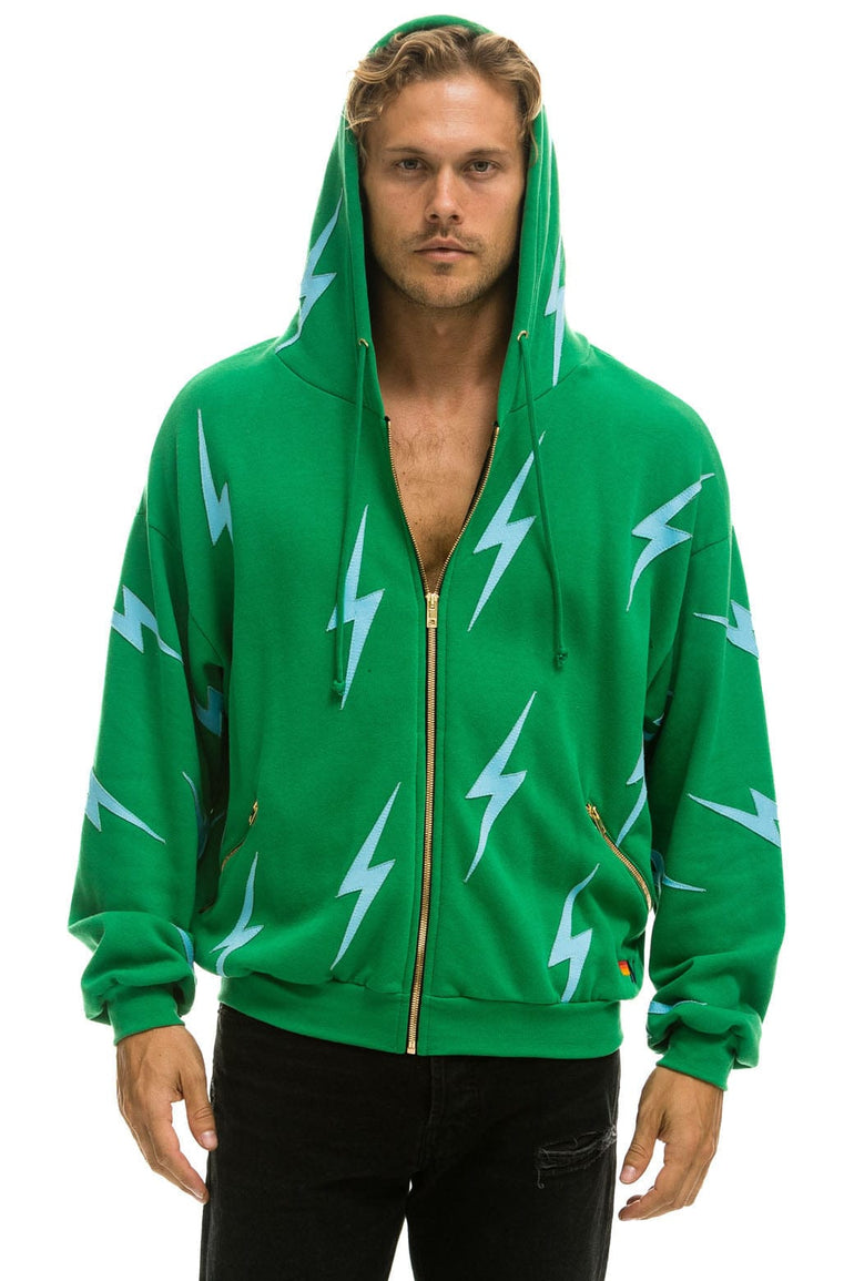 BOLT STITCH REPEAT RELAXED ZIP HOODIE WITH POCKET ZIPPERS - KELLY GREEN // BLUE Hoodie Aviator Nation