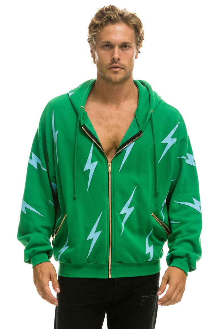 BOLT STITCH REPEAT RELAXED ZIP HOODIE WITH POCKET ZIPPERS - KELLY GREEN // BLUE Hoodie Aviator Nation