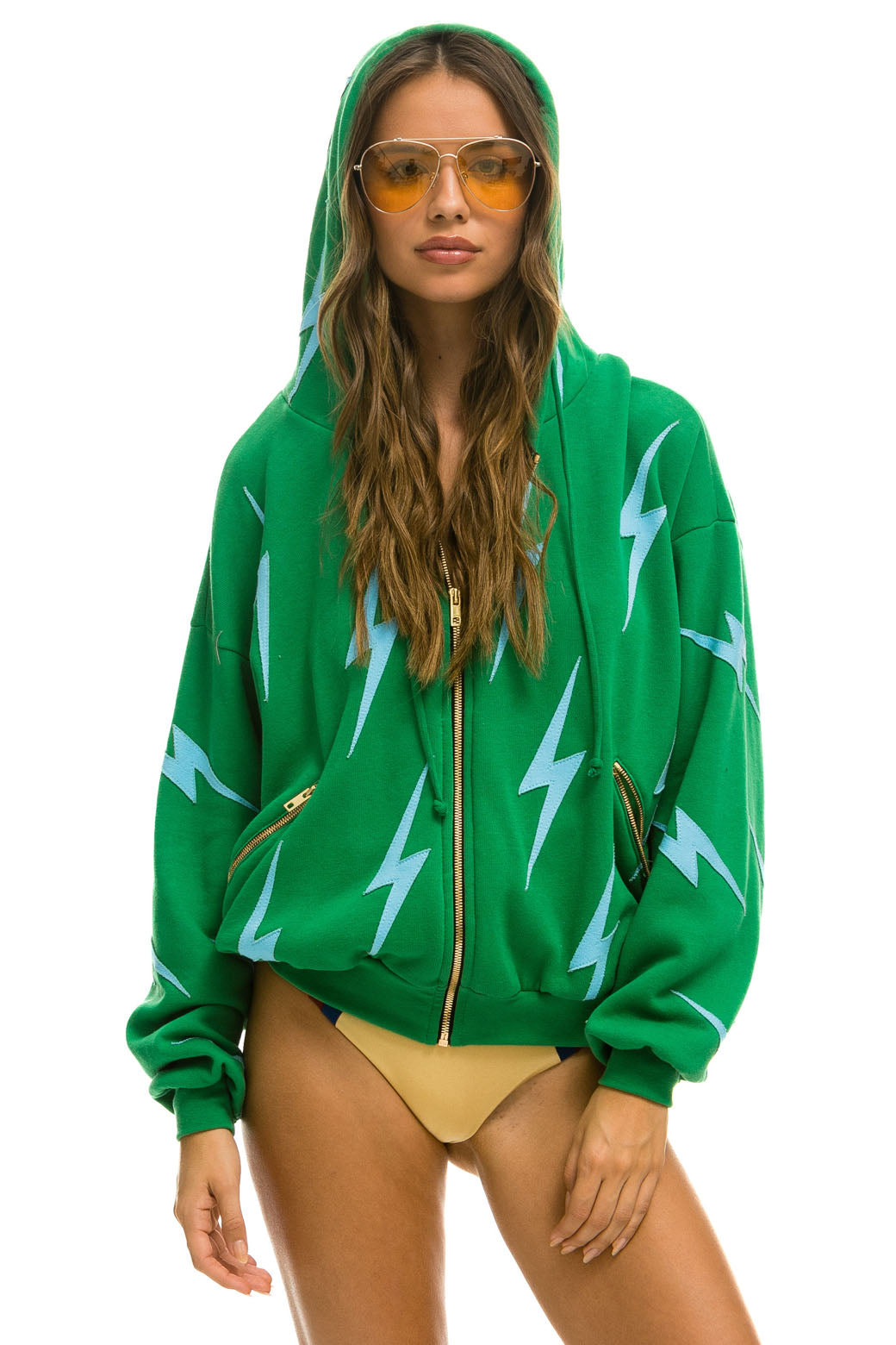 BOLT STITCH REPEAT RELAXED ZIP HOODIE WITH POCKET ZIPPERS - KELLY GREEN // BLUE Hoodie Aviator Nation 