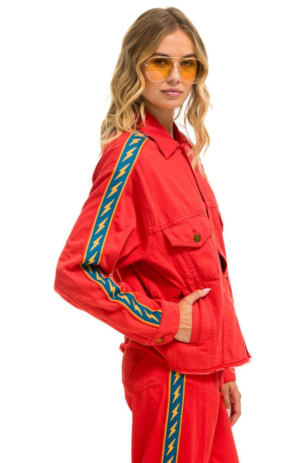 BOLT STRIPE OVERSIZED CUTOFF DENIM JACKET - RED Denim Jacket Aviator Nation 