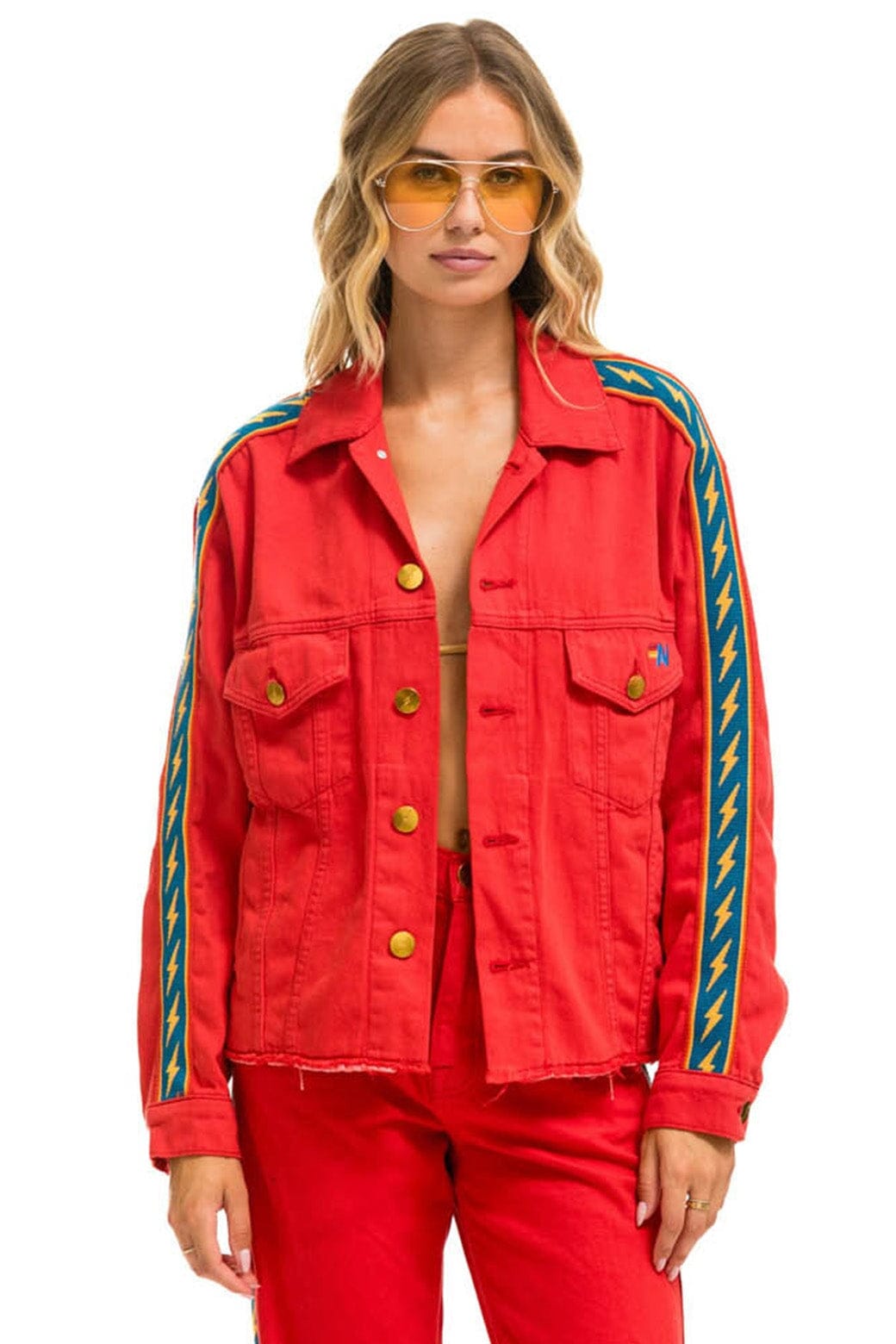 BOLT STRIPE OVERSIZED CUTOFF DENIM JACKET - RED Denim Jacket Aviator Nation 