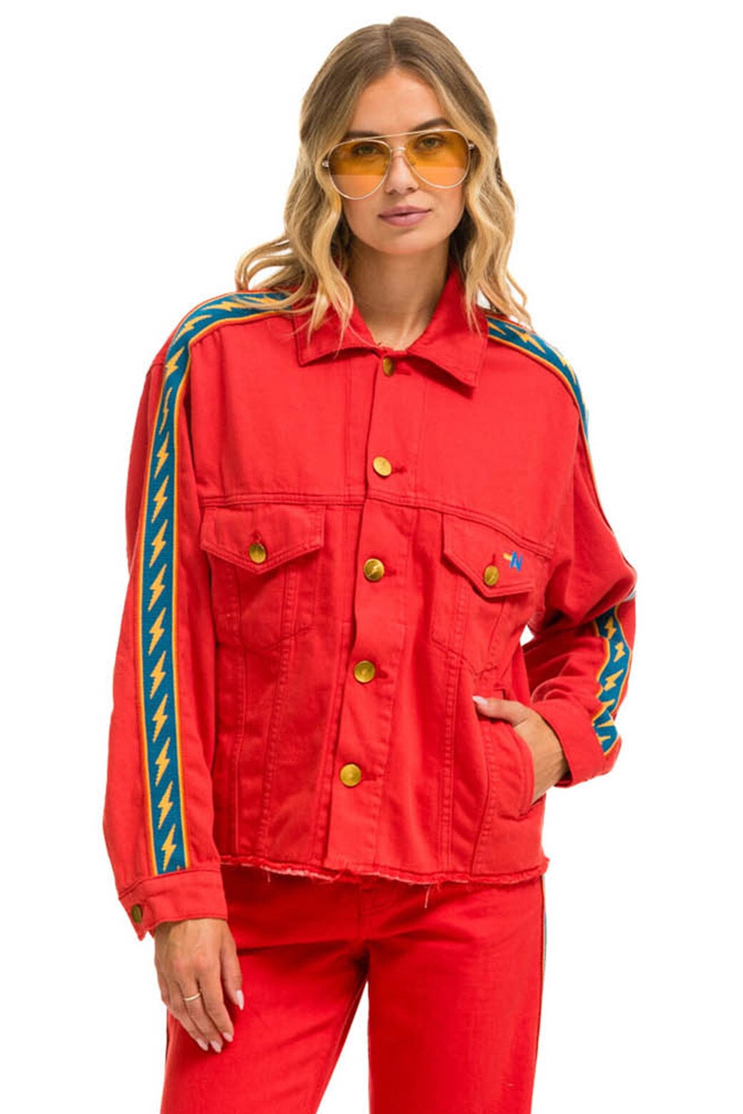 BOLT STRIPE OVERSIZED CUTOFF DENIM JACKET - RED Denim Jacket Aviator Nation 