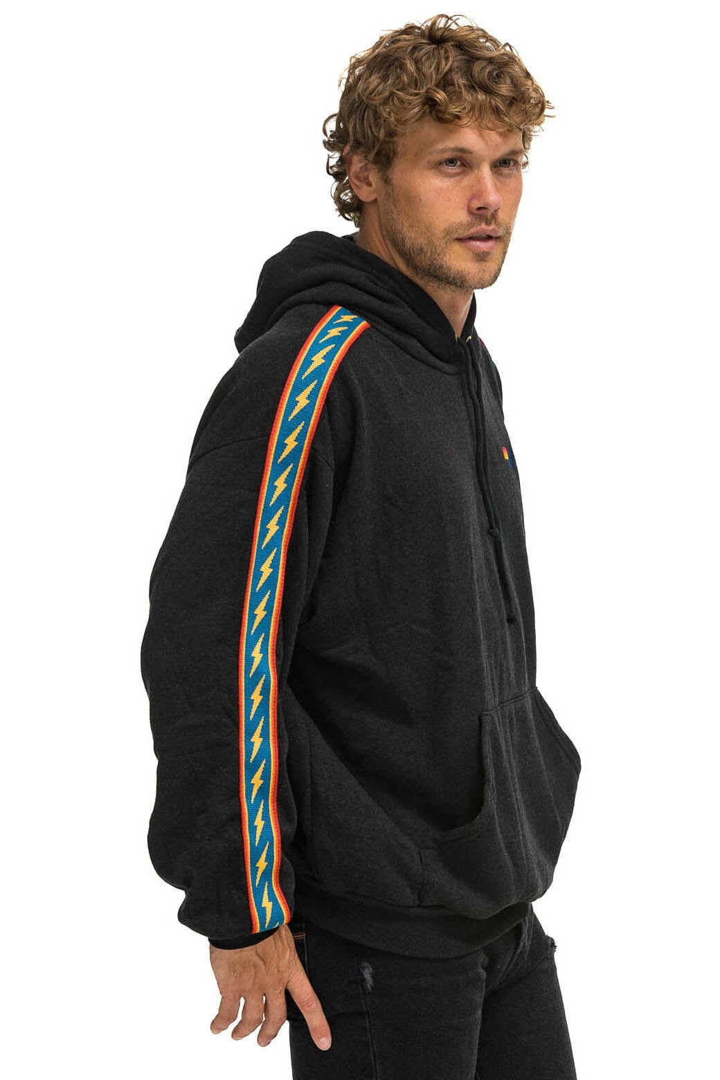 Aviator Nation Bolt Stripe Relaxed Pullover Hoodie - Black M