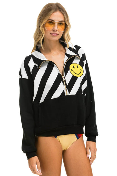 CAUTION SMILEY 2 EMBROIDERY FLEECE HALF ZIP SWEATSHIRT - BLACK // WHITE Sweatshirt Aviator Nation 