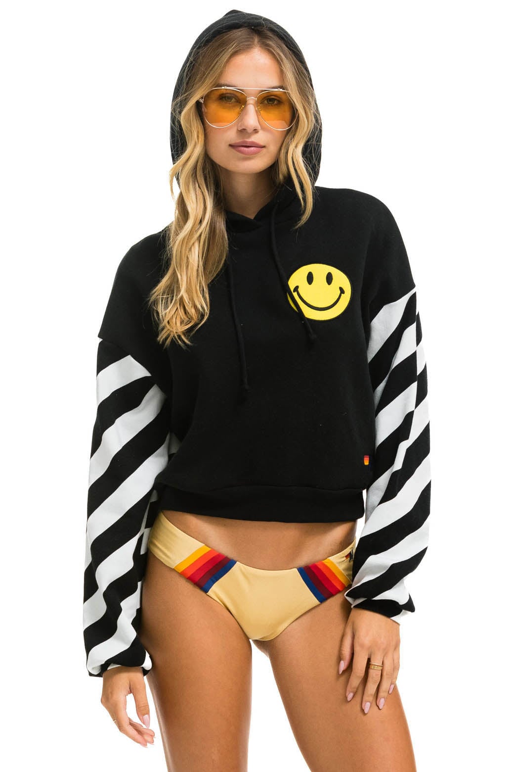 CAUTION STRIPE SLEEVE SMILEY 2 EMBROIDERY RELAXED CROPPED PULLOVER HOODIE - BLACK // WHITE Hoodie Aviator Nation 
