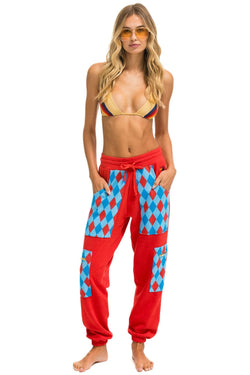 DIAMOND SMILEY 2 EMBROIDERY CARGO COLOR BLOCK SWEATPANTS - RED //SKY SALE Aviator Nation 