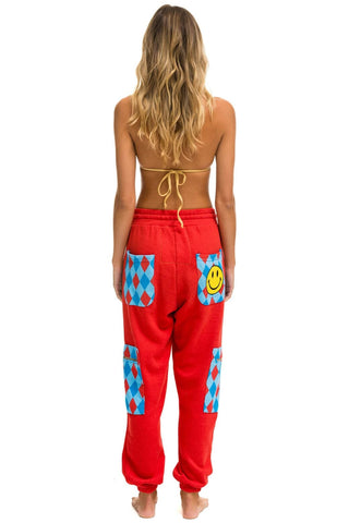 DIAMOND SMILEY 2 EMBROIDERY CARGO COLOR BLOCK SWEATPANTS - RED //SKY SALE Aviator Nation 