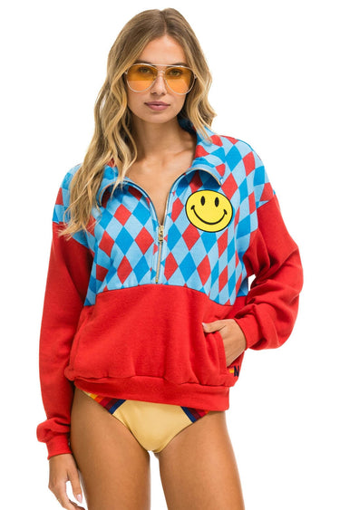 DIAMOND SMILEY 2 FLEECE HALF ZIP COLOR BLOCK SWEATSHIRT - RED // SKY SALE Aviator Nation 