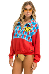 DIAMOND SMILEY 2 FLEECE HALF ZIP COLOR BLOCK SWEATSHIRT - RED // SKY SALE Aviator Nation 