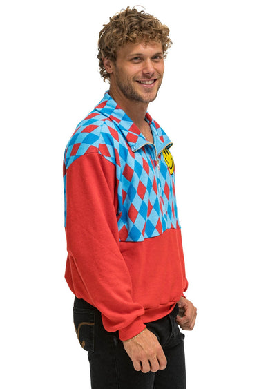 DIAMOND SMILEY 2 FLEECE UNISEX HALF ZIP COLOR BLOCK JACKET - RED // SKY Sweatshirt Aviator Nation 