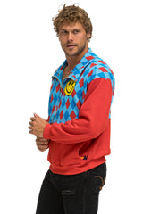 DIAMOND SMILEY 2 FLEECE UNISEX HALF ZIP COLOR BLOCK JACKET - RED // SKY Sweatshirt Aviator Nation 
